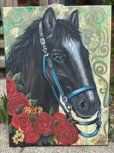 A black horse in a turquoise bridle painted on canvas with red roses and gold leaf.
